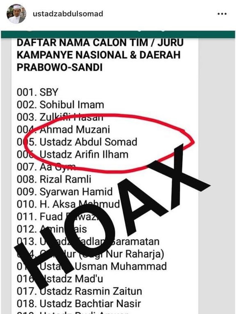 Namanya Masuk Daftar Timses Prabowo-Sandi, UAS: Hoax Namanya Masuk Daftar Timses Prabowo-Sandi, UAS: Hoax