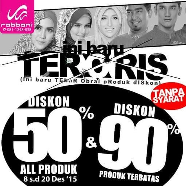 Tampaknya Rabbani memang senang menyingkat kalimat jadi kata yang kontroversial. Seperti ‘Teroris’ yang berarti (Tebar Obral Produk Diskon). Menurut Ridwan, menggunakan kata-kata unik tersebut sah-sah saja selama kontennya positif. (Foto: Instagram)