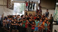 Anak-anak terlihat antusias dan memadati lokasi tempat berlangsungnya pemotongan hewan qurban. Ibraheem Abu Mustafa/Reuters.