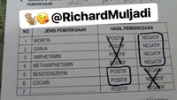 Richard telah dites urine dan hasilnya positif mengandung narkotika. Di berkas hasil tes urine yang fotonya diunggah akun @wristbuster tertulis jelas nama Richard Muljadi. Berkas itu menunjukkan urine Richard positif mengandung benzodiazepin dan cocain. (Foto: Instagram @wristbusters)