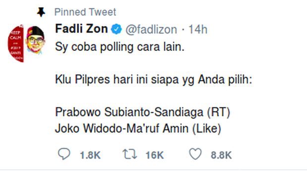 Fadli Zon Hapus Polling karena Jokowi 'Dimenangkan' Bot Siluman