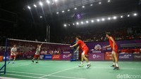 Kevin Sanjaya Sukamuljo/Marcus Fernaldi Gideon bertanding melawan Li Junhui/Liu Yuchen di Istora GBK, Senayan, Jakarta, Rabu (22/8/2018) malam WIB.