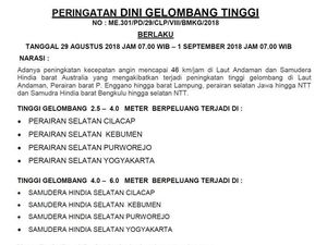 BMKG: Perairan Selatan Jateng Berbahaya untuk Semua Jenis Kapal