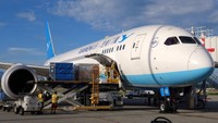 Di sisi kanan pesawat, tim ramp telah beraksi setelah pesawat berhenti. Rampie (karyawan maskapai yang memuat dan membongkar pesawat) akan mengeluarkan koper ke dalam keranjang bagasi (CNN Travel)