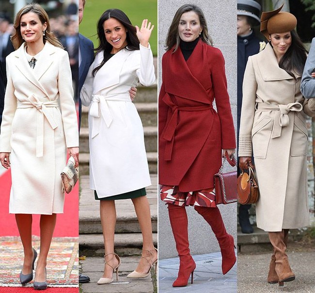Meghan Markle dan Ratu Letizia sama-sama penggemar coat dengan pita di pinggang. Selain model coat yang sama, Meghan dan Letizia sama-sama pernah memadukan coat bersama knee-high boots warna senada. Foto: Ist.
