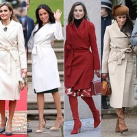 Meghan Markle dan Ratu Letizia sama-sama penggemar coat dengan pita di pinggang. Selain model coat yang sama, Meghan dan Letizia sama-sama pernah memadukan coat bersama knee-high boots warna senada. Foto: Ist.