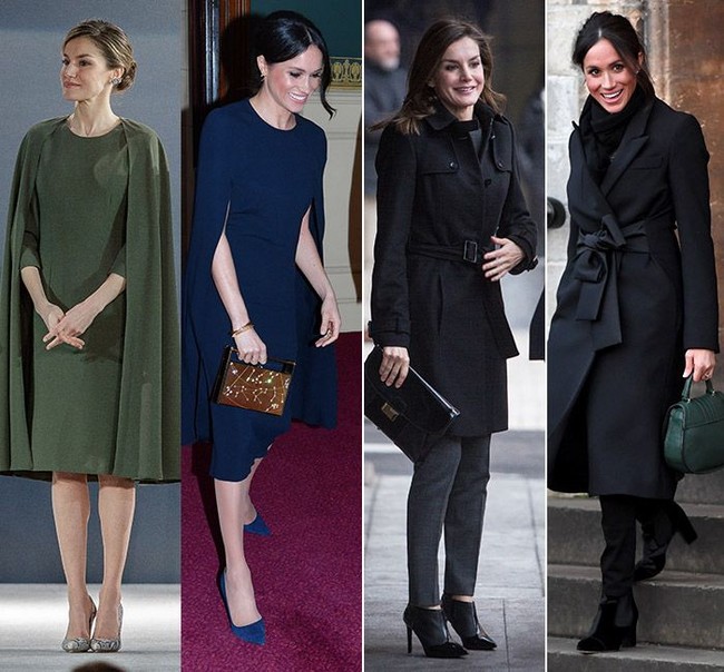 Meghan Markle dan Ratu Letizia dari Spanyol memiliki selera busana serupa. Salah satunya gaun cape biru Stella McCartney yang dipakai Meghan, mirip dengan milik Ratu Letizia, hanya saja berwarna hijau. Foto: Ist.