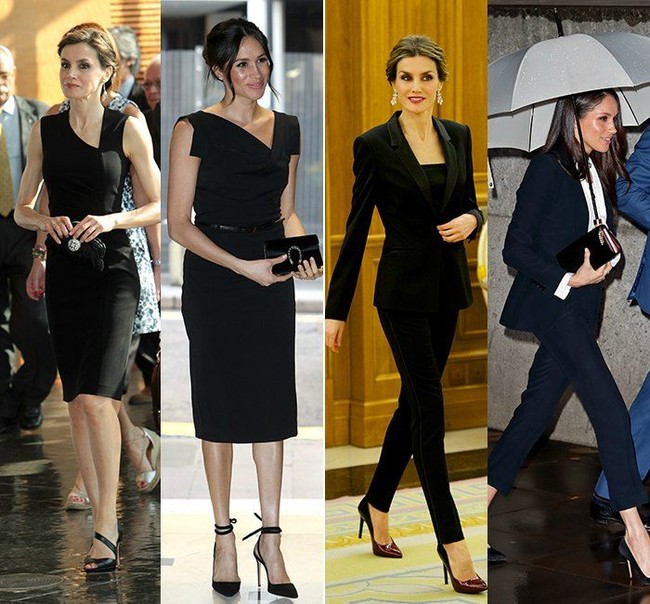 Ketika menghadiri acara formal, keduanya memilih gaun hitam dengan garis leher asimetris. Meghan dan Ratu Letizia juga pernah tampil dengan setelan blazer dan celana panjang hitam. Foto: Ist.
