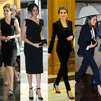 Ketika menghadiri acara formal, keduanya memilih gaun hitam dengan garis leher asimetris. Meghan dan Ratu Letizia juga pernah tampil dengan setelan blazer dan celana panjang hitam. Foto: Ist.