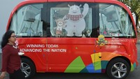 Pengendalian bus listrik nirsopir ini mengandalkan teknologi 5G. Antara Foto/Widodo S Jusuf.