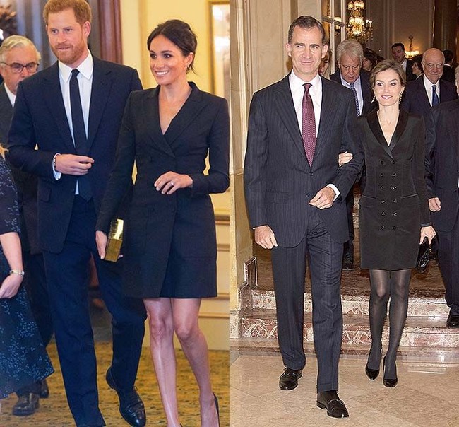 Penampilan terbaru Meghan dengan tuxedo dress yang seksi, ternyata pernah juga dipakai Ratu Letizia. Hanya saja sang Ratu Spanyol menambahkan stocking hitam sebagai paduan rok pendeknya. Foto: Ist.