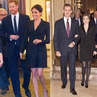 Penampilan terbaru Meghan dengan tuxedo dress yang seksi, ternyata pernah juga dipakai Ratu Letizia. Hanya saja sang Ratu Spanyol menambahkan stocking hitam sebagai paduan rok pendeknya. Foto: Ist.
