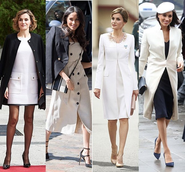 Meghan dan Letizia membuat tampilan gaun makin stylish dengan menambahkan blazer hitam yang hanya disampirkan di bahu. Keduanya juga memiliki blazer putih panjang serupa yang dikancing di bagian tengah. Foto: Ist.