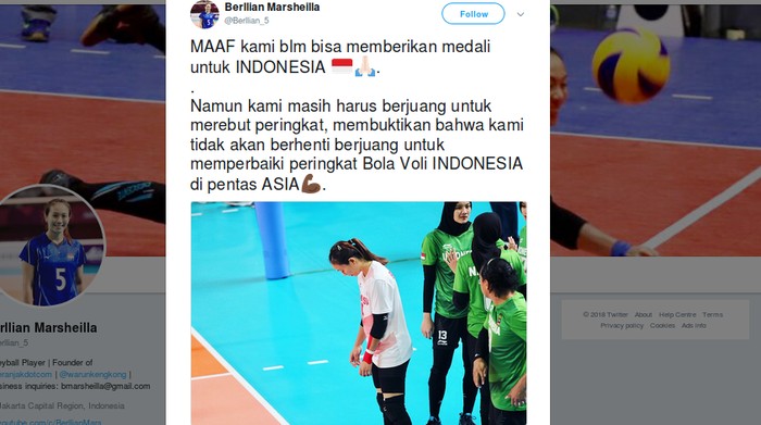 Berllian Marsheilla minta maaf karena belum bisa membawa medali emas. Foto: Twitter