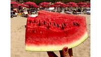 Sepotong semangka segar jadi santapan Amelia saat ke Anzio, Italia. Melahapnya bikin semangat karena dilatari pemandangan pantai yang cantik. Foto: Instagram amelwindsor