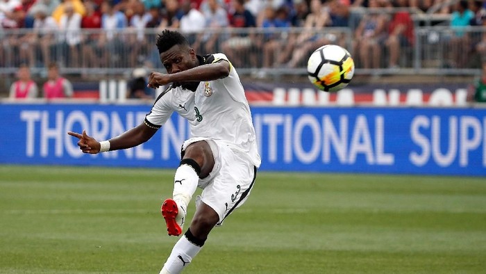 EAST HARTFORD, CT - JULY 01:  Asamoah Gyan #3 of Ghana scores a goal against the United States defends in the second half during an international friendly between USA and Ghana at Pratt & Whitney Stadium on July 1, 2017 in East Hartford, Connecticut. (Photo by Jim Rogash/Getty Images)