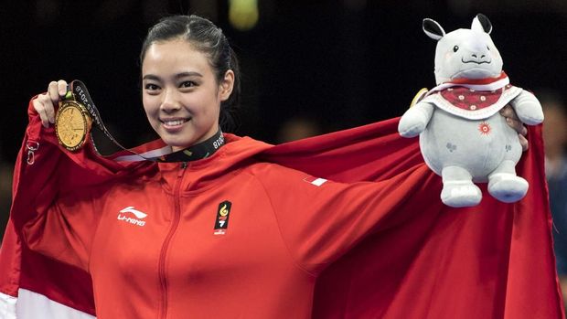 Lindswell Kwok usai meraih medali emas Asian Games 2018.