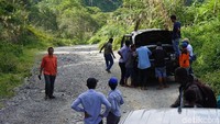 Biasanya, sebelum menjadi sopir, para pendatang itu akan menjadi kondektur terlebih dahulu untuk mengenal medan offroad Manokwari-Pegaf. Gambar menunjukkan mobil 4X4 yang mogok setelah menerjang tanjakan terjal dan sulit dilalui (Masaul/detikTravel)