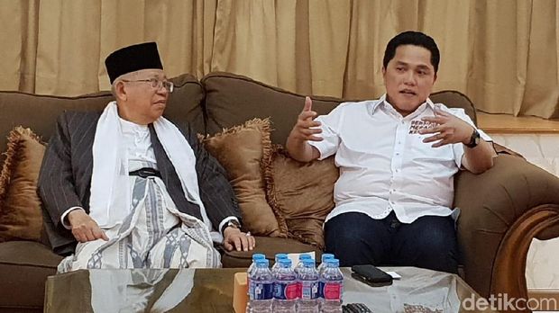 Bakal cawapres Ma'ruf Amin bersama Erick Thohir di Posko Cemara, Jumat (7/9/2018)