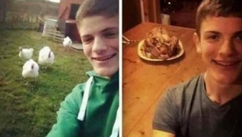 Selfie bersama ayam ketika masih hidup dan saat sudah dimasak menjadi hidangan. Semoga ayam-ayam itu tenang di alam sana. Foto: via Brightside