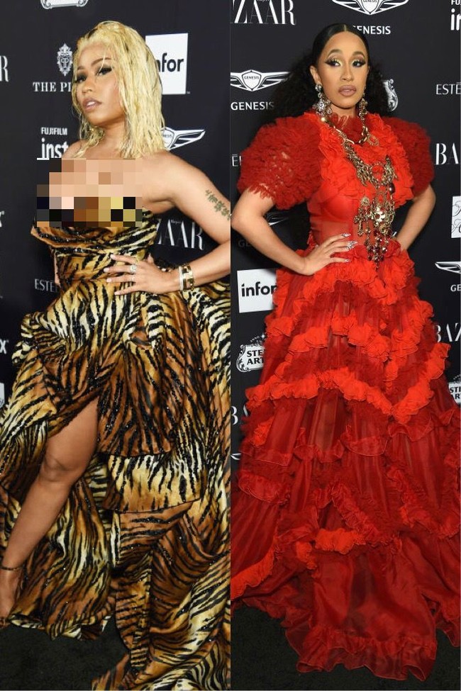 Nicki Minaj dan Cardi B pernah muncul beberapa kali di karpet merah yang sama. Mereka pun berlomba-lomba mencuri perhatian dengan pakaian mereka yang seksi, provokatif, dan ekstentrik. (Foto: Getty Images)