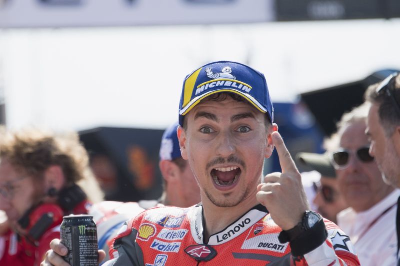 MISANO ADRIATICO, ITALY - SEPTEMBER 08:  Jorge Lorenzo of Spain and Ducati Team celebrates the MotoGP pole position at the end of the qualifying practice during the MotoGP of San Marino - Qualifying at Misano World Circuit on September 8, 2018 in Misano Adriatico, Italy.  (Photo by Mirco Lazzari gp/Getty Images)