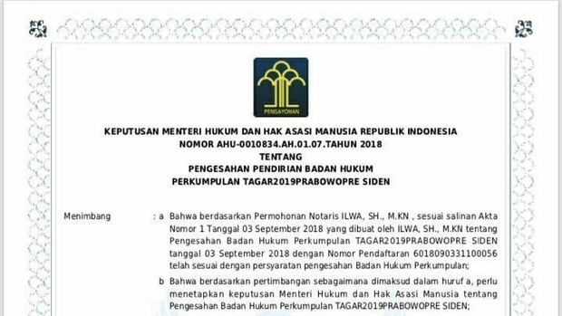 Surat keputusan pengesahan perkumpulan Tagar2019PrabowoPresiden