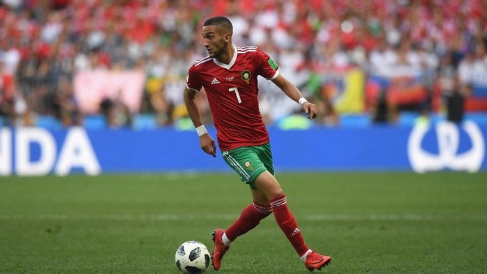 MOSCOW, RUSSIA - JUNE 20:  Morocco player Hakim Ziyach in action during the 2018 FIFA World Cup Russia group B match between Portugal and Morocco at Luzhniki Stadium on June 20, 2018 in Moscow, Russia.  (Photo by Stu Forster/Getty Images)