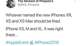 Meme ini berceloteh tentang penamaan XS, XS Max, dan XR. Harusnya XS, M, dan XL saja -- seperti ukuran baju. (Foto: 9gag.com)