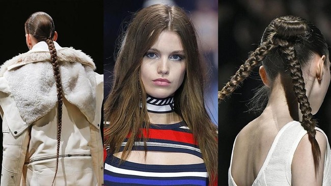 Kuncir kuda atau cepol tergantikan dengan tren rambut kepang. Di fashion show Alexander McQueen, Tommy Hilfiger hingga Jil Sander menampilan model dengan rambut dikepang.  Foto: Getty Images
