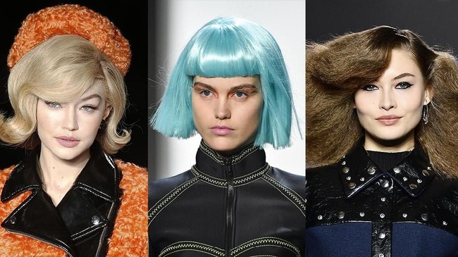 Tampilan era 60-an hadir di fashion show Moschino, Jeremy Scott dan Sonia Rykiel. Mulai dari tampilan ala Jackie O, potongan bob hingga eyeliner tebal cat-eye ditampilkan kembali dan diprediksi menjadi tren kecantikan.  Foto: Getty Images