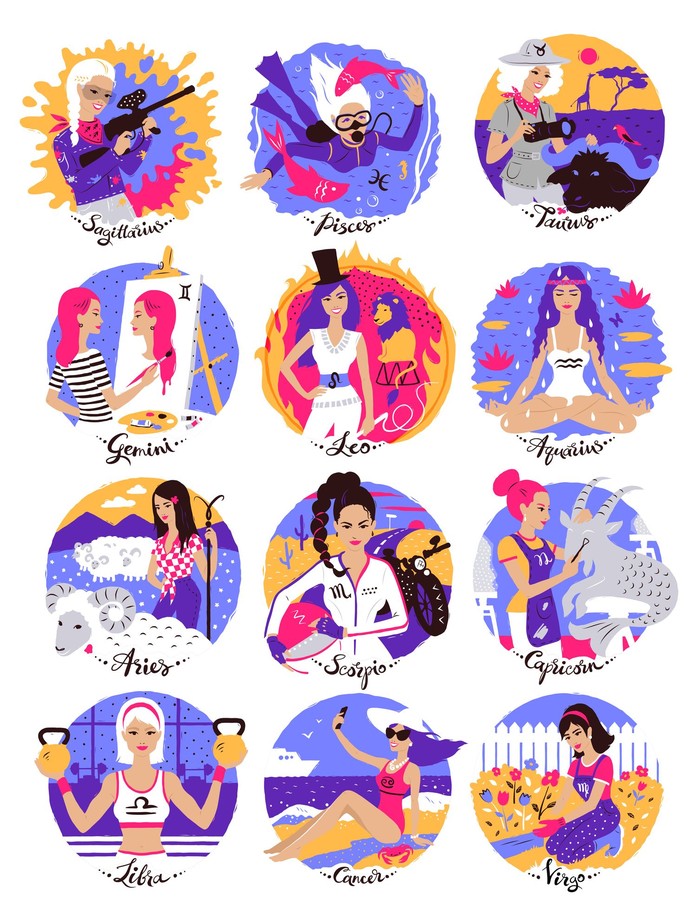 Collection of Zodiac signs illustrations with female characters.