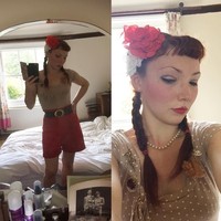 Aku juga menata rambut dan makeup seperti gaya 1940an. Ketika aku bekerja, aku akan mengikatnya dengan headscraf seperti wanita yang bekerja di ladang tapi ketika aku keluar aku suka memakai topi, aku akan menggulung rambut dan menjepitnya ke belakang, kata Lydia. Foto: Instagram @misskittyrouge