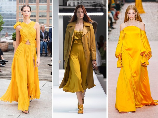 Nuansa warna kuning keemasan atau disebut marigold mendominasi runway musim semi di panggung mode New York Fashion Week. Corak warna yang cerah hadir di gaun drapery Oscar de la Renta, gaun one shoulder Pyer Moss dan gaun off-the-shoulder Carolina Herrera sebagai gambarannya. Foto: Vogue