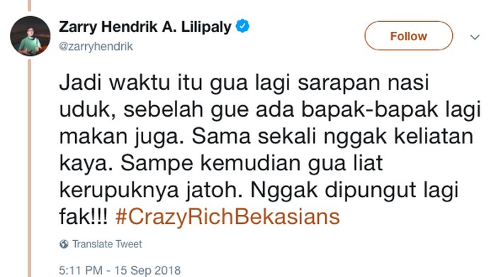 Salah satu lelucon Crazy Rich Bekasians (Foto: twitter) Salah satu lelucon Crazy Rich Bekasians (Foto: twitter)