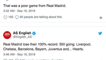 Hasil seri juga membuat Madrid gagal melanjutkan hasil 100% di awal musim ini. (Foto: Twitter)