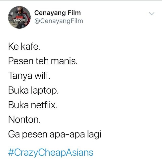 Duh kelakuan siapa nih yang suka pergi ke cafe hanya untuk pesan teh manis dan kemudian berlama-lama menikmati wifi-nya.Foto: Twitter