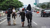 Dua orang anak berkeliling Kemayoran menggunakan kuda.