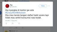 Warga Bekasi nggak mau kalah kreatif. Tagar #crazyrichbekasian buktinya dimanfaatkan dengan baik. Misalnya untuk memposting cuitan-cuitan seperti ini. Foto: twitter