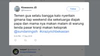 Banyak yang mengaitkan dengan makanan. Seperti netizen ini. Temannya bangga lho kalau makan malam dengan ketoprak di pasar Kranji. Foto: twitter