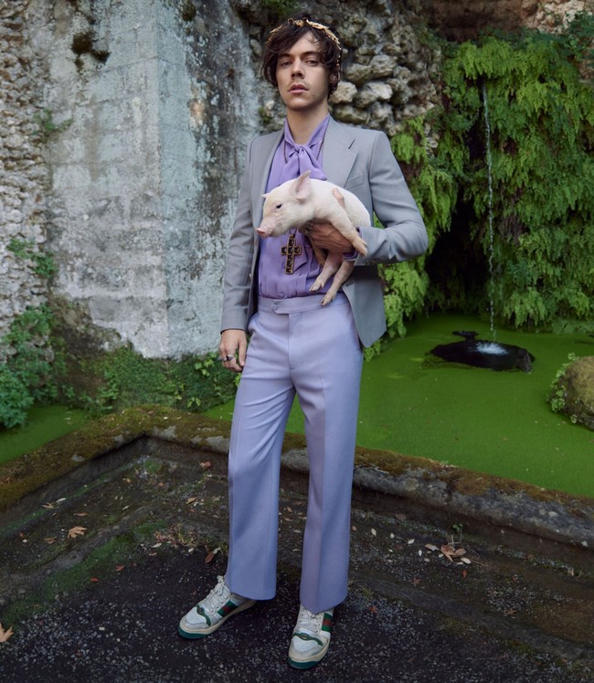 Kali ini giliran babi berwarna pink yang digendongnya. Harry sendiri terlihat stylish seperti biasanya dengan setelan jas bernuansa pastel. Ia mengenakan blouse pussy bow yang dipadu jas abu-abu dan celana violet, serta sneakers putih. Foto: Dok. Gucci