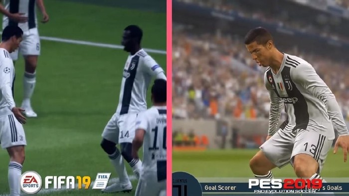 Perbandingan selebrasi Cristiano Ronaldo di FIFA 19 dan PES 2019. Foto: Screenshot YouTube Perbandingan selebrasi Cristiano Ronaldo di FIFA 19 dan PES 2019. Foto: Screenshot YouTube