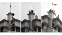 Warga Surabaya berkumpul di depan Hotel Yamato sekarang Hotel Majapahit di Jalan Tunjungan, Surabaya, Rabu (19/9/2018). Antara Foto/Zabur Karuru.