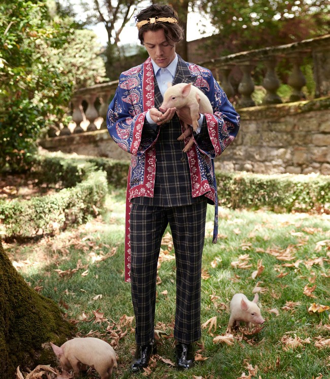 Harry Styles tampil necis mengenakan setelan jas dengan motif-motif atraktif. Mulai dari tartan hingga floral. Foto: Dok. Gucci