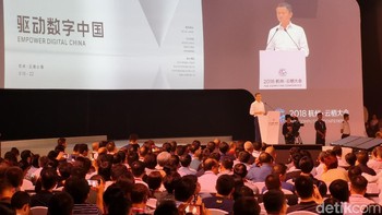 Pendiri Alibaba Jack Ma jadi sosok paling dinanti pada sesi keynote. Ini adalah penampilan terakhirnya di perhelatan tahunan Computing Conference sebelum resmi pensiun dari Alibaba tahun depan. (Foto: detikINET/Rachmatunnisa)
