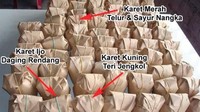 Awas jangan tertukar, setiap warna karet menandakan isiannya. Karet merah isinya telur, karet kuning isinya teri jengkol dan karet hijau isinya daging rendang. Jangan salah pilih! Foto: Istimewa
