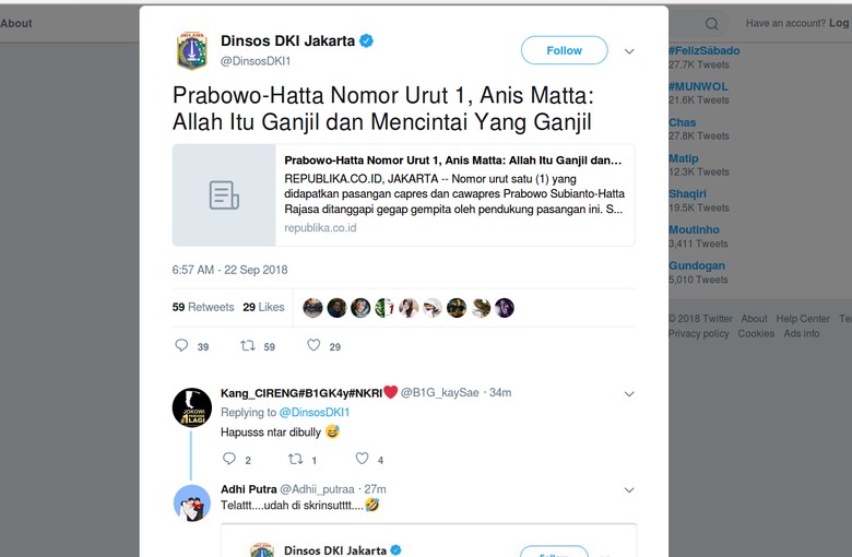 Twitter Dinsos DKI Posting Berita 2014, Prabowo-Hatta Nomor Urut 1 Twitter Dinsos DKI Posting Berita 2014, Prabowo-Hatta Nomor Urut 1