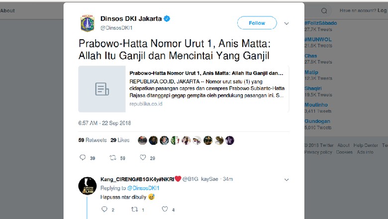 Akun Twitter Dinsos DKI Diretas Terkait Postingan Prabowo-Hatta Akun Twitter Dinsos DKI Diretas Terkait Postingan Prabowo-Hatta
