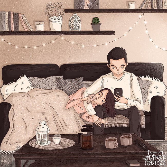 Meskipun sibuk dengan layar telepon genggamnya masing-masing masih bisa mesra. (Foto: Instagram/@dina.odess)