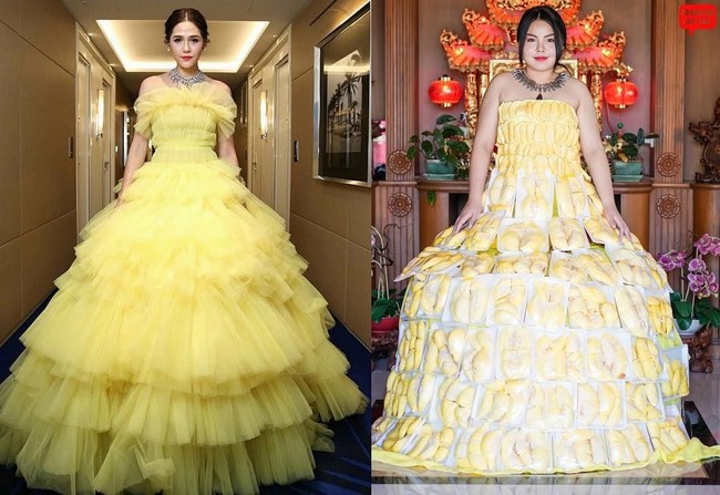 Kembali memparodikan gaun Chompoo Araya, kali ini Sine memakai gaun yang seluruhnya dihiasi durian. Dia memakai durian yang totalnya mencapai 25 kg. Foto: Instagram @framsook_lek_lek